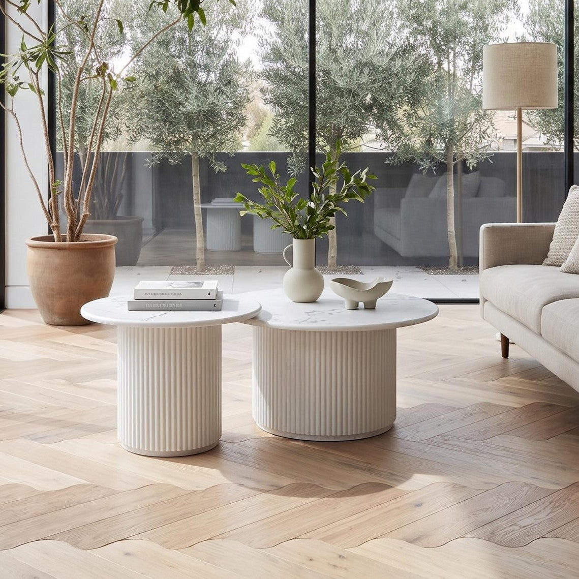 Couchtisch 2er Set Easy ø60/80 cm - Marmoroptik und Lamellenoptik Weiß - FURNHOUSE