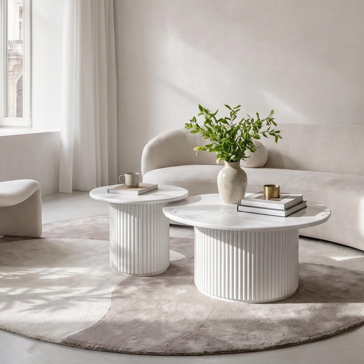 Couchtisch 2er Set Easy ø60/80 cm - Marmoroptik und Lamellenoptik Weiß - FURNHOUSE