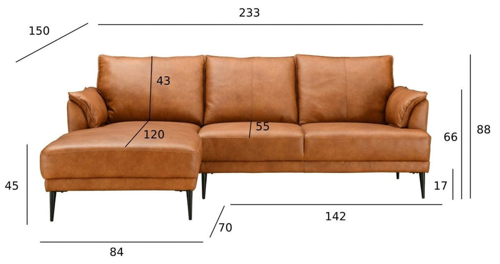 Soul L-Form Ledersofa mit Ottomane Links - Echtleder Cognac Braun - FURNHOUSE