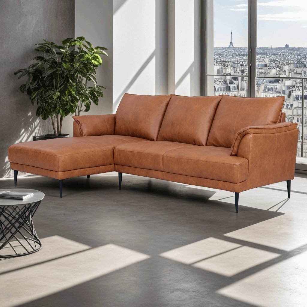 Soul L-Form Ledersofa mit Ottomane Links - Echtleder Cognac Braun - FURNHOUSE