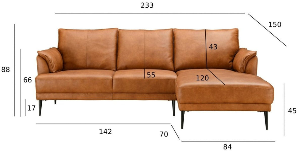 Soul L-Form Ledersofa mit Ottomane Rechts - Echtleder Cognac Braun - FURNHOUSE