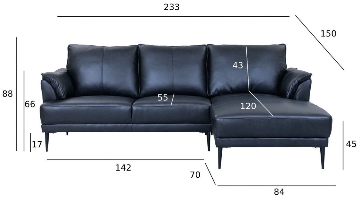 Soul L-Form Ledersofa mit Ottomane Rechts - Echtleder Schwarz - FURNHOUSE