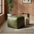 Pouf Tenna 50 × 50 × 45 cm - Echtleder Olivgrün - FURNHOUSE